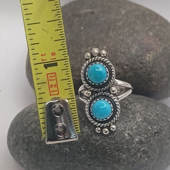 Native Southwest Sterling Silver Double Stone Turquoise Ring Size 7.5 - Picture 3 of 6